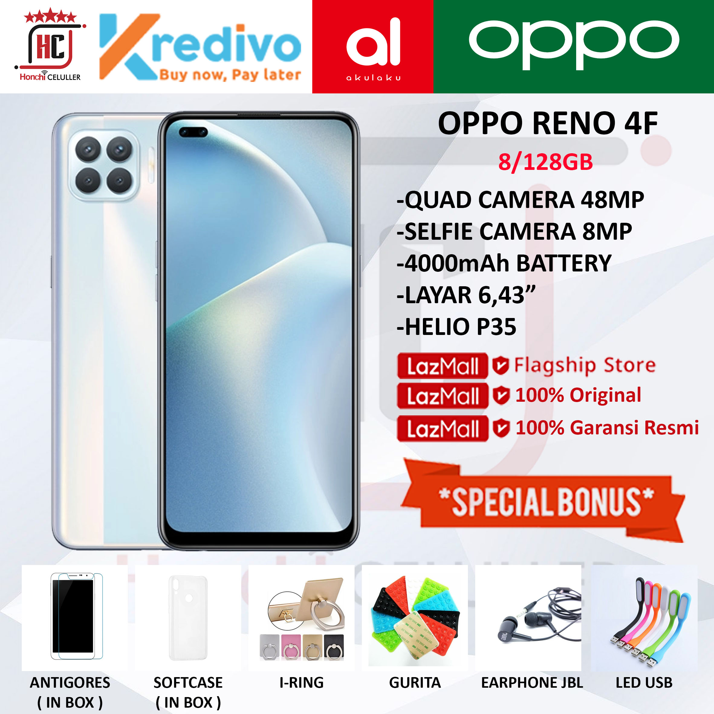 OPPO RENO 4f 8/128GB GARANSI RESMI OPPO INDONESIA ORIGINAL FULL BONUS Giá 2,699,000 Đồng*Miễn phí vận chuyển