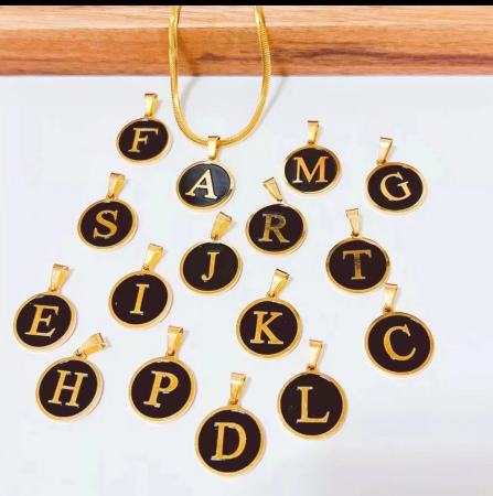 Black Stainless Steel 24k Gold Plated QilLetter Pendant Necklace