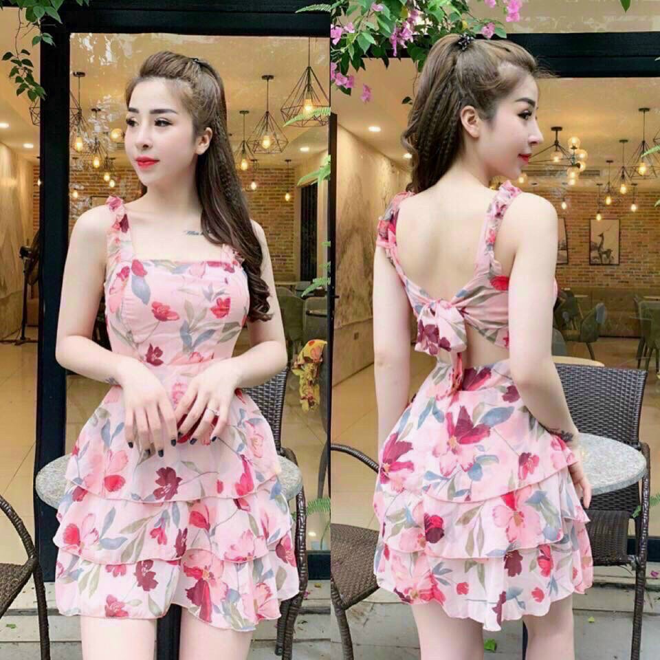 Đầm hoa, đầm 2 dây xếp tầng cột nơ sau lưng