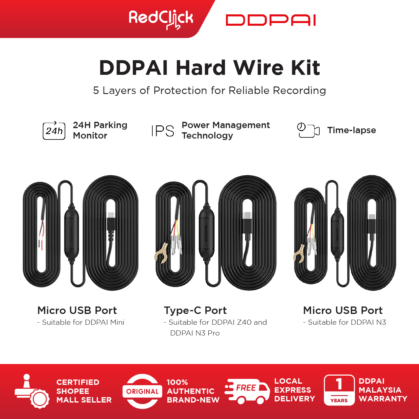 DDPAI Type-C / Micro USB Hardwire Kit for DDPAI Car Dash Cam Parking Monitoring Low Voltage Protection