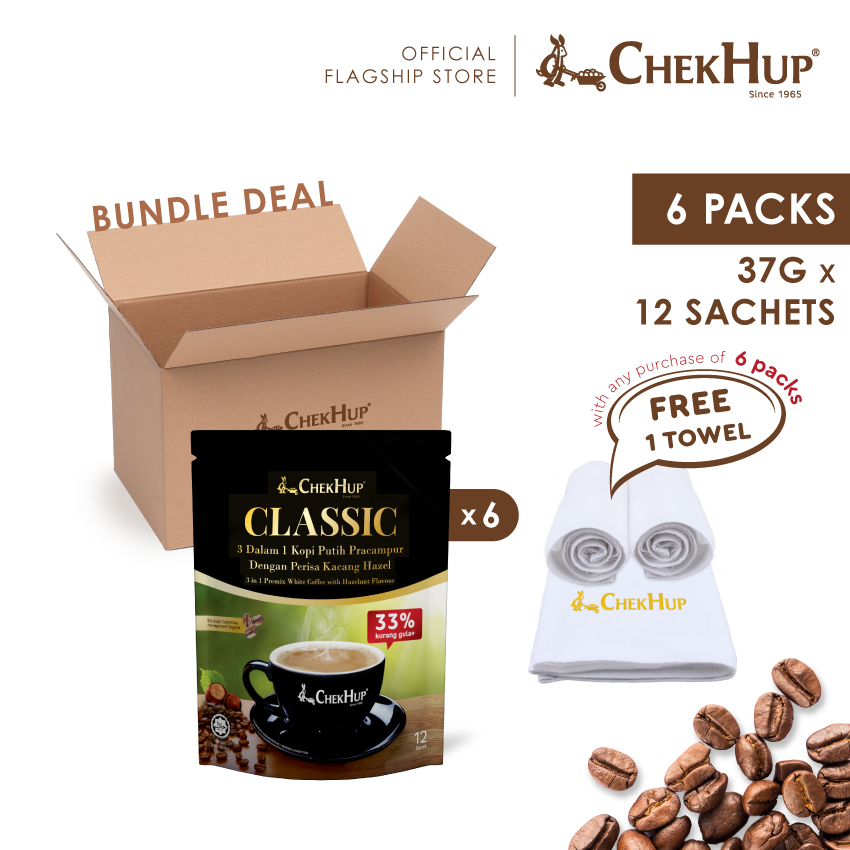 Chek Hup 3in1 Classic Colombian White Coffee with Hazelnut (33% Less Sugar) 37g x 12s (Bundle of 6)