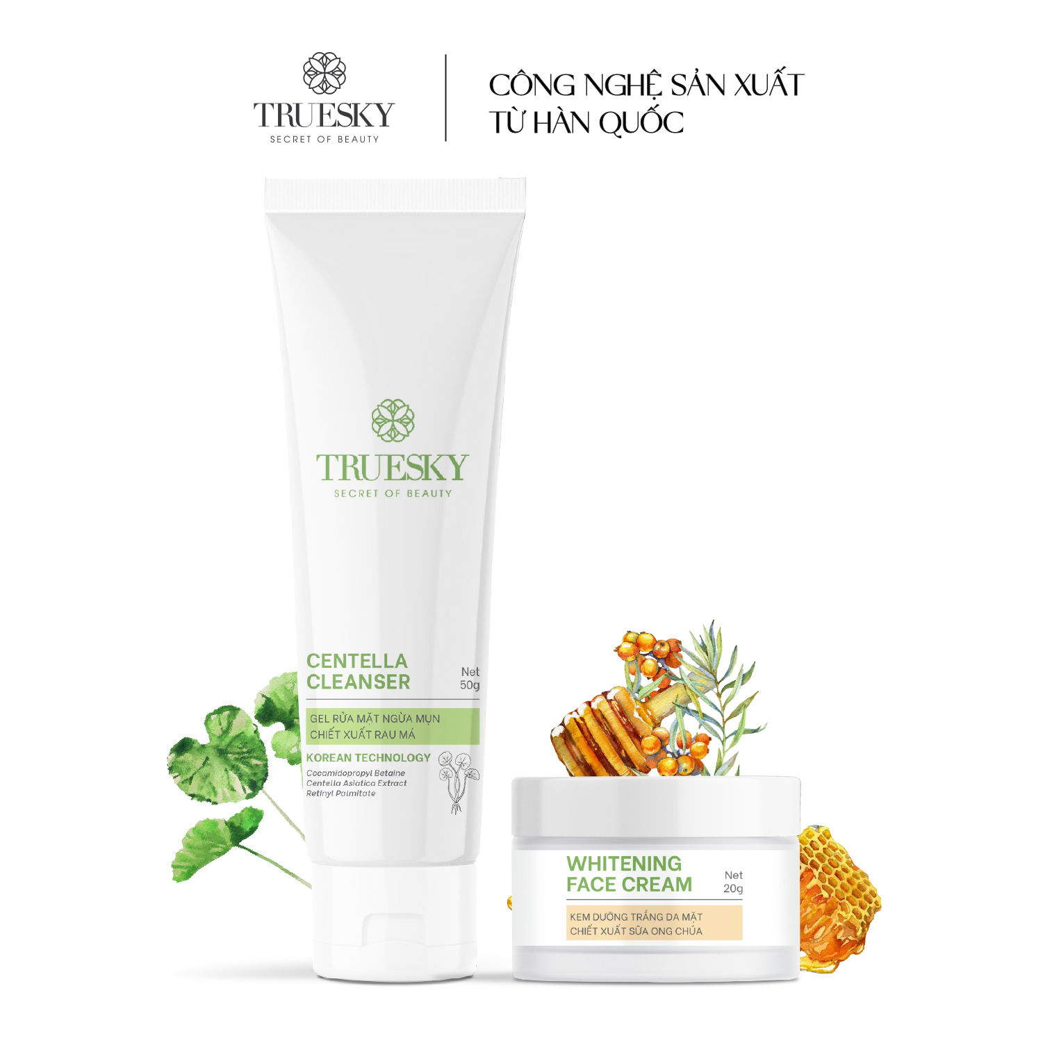 Bộ làm trắng và ngăn ngừa mụn da mặt Truesky gồm 1 kem dưỡng trắng da mặt 20g + 1 gel rửa mặt rau má 50g