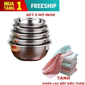 Set 5 Rổ inox Tặng Khăn Lau Đa Năng Siêu Thấm