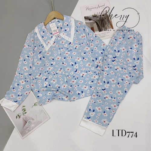 Bộ lụa pijama mặc nhà tay dài quần dài cổ nhọn tiểu thư xinh xắn