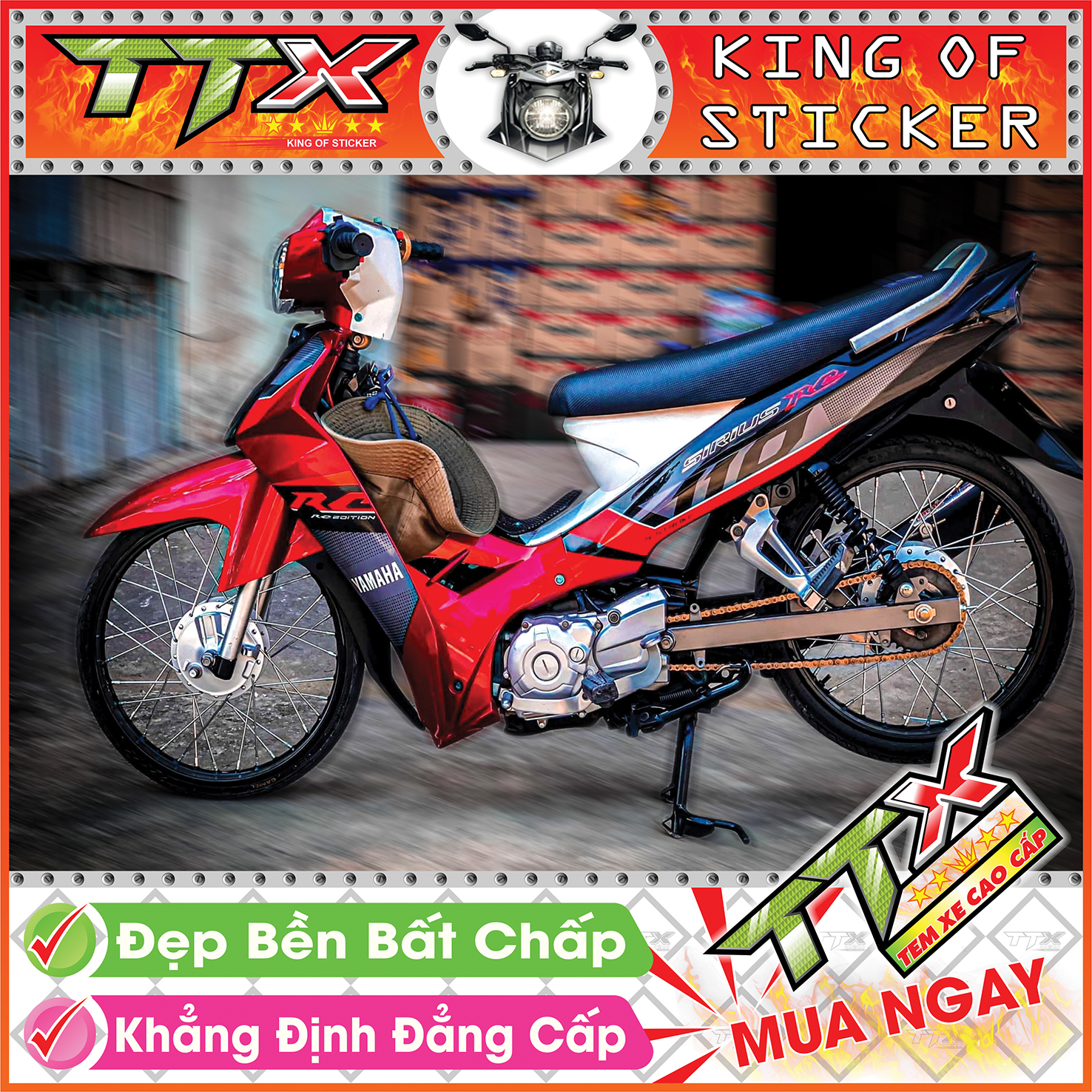 Tem sirius rc 110 , Tem xe phụ kiện sirius màu đỏ nền đen chữ trắng tuyệt đẹp , Shop TTX Team chế sirius