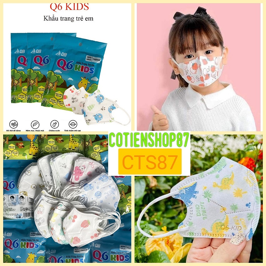 Khẩu trang 6D trẻ em Q6 Kids, túi 10 cái, khẩu trang cho bé 1-5 tuổi, thiết kế 6d ôm kín khuôn mặt bé, dây đeo co giãn tốt, nhiều màu, cotienshop87