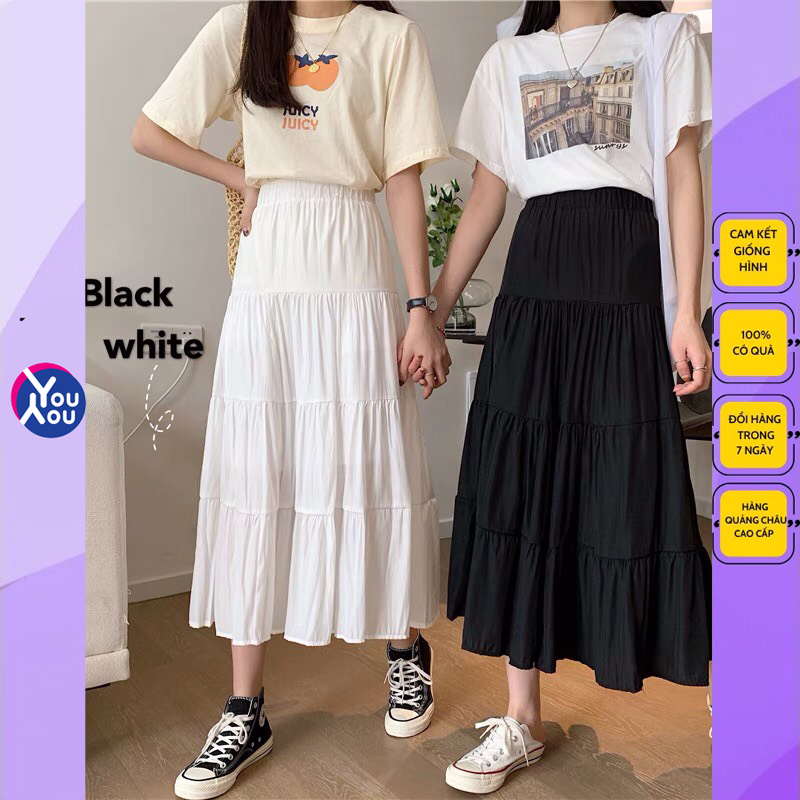 YouYou Chân váy dài ullzang xếp tầng chữ A, chân váy vintage voan lụa 2 lớp cực hot