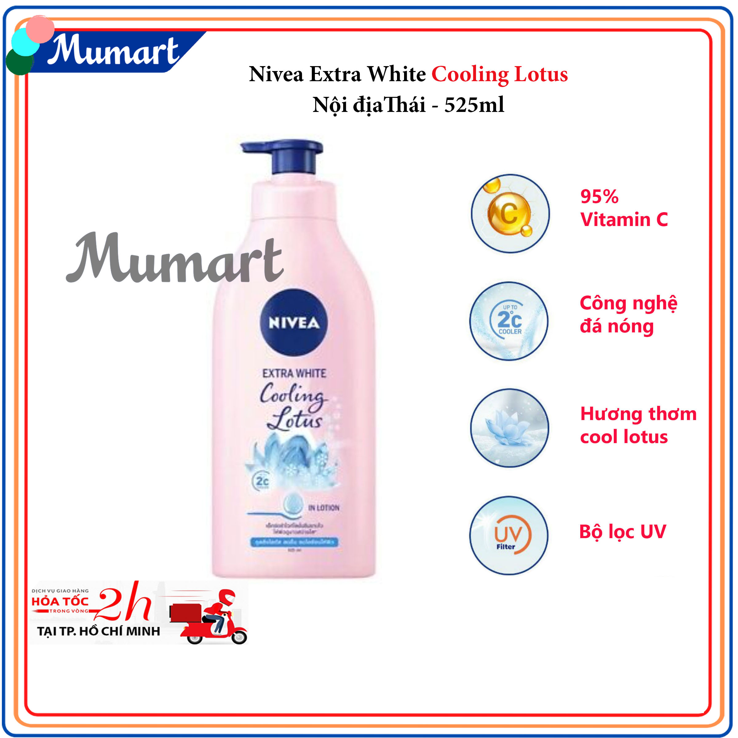 Sữa dưỡng thể Nivea Extra White cooling lotus 525ml  Thái Lan trắng da, làm mát da, ngăn ngừa tia UV bao gồm UVA và UVB