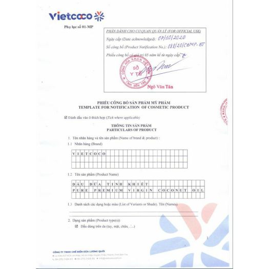 Dầu Dừa Nguyên Chất 100% Organic Vietcoco Chai Pet 250ml
