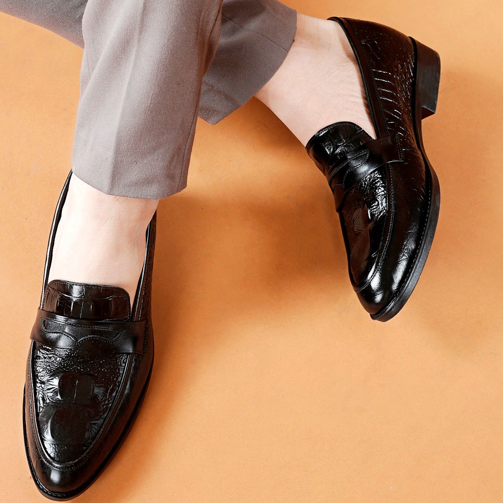 Giày dio nam da bò Giày Công sở nam da bò Giày lười nam xỏ nhanh Penny Loafer kiểu đẹp hàng hiệu giá rẻ phù hợp với quần âu vải jean bò in vân cá sấu Giày cưới nam Giày chú rể D-10 màu đen