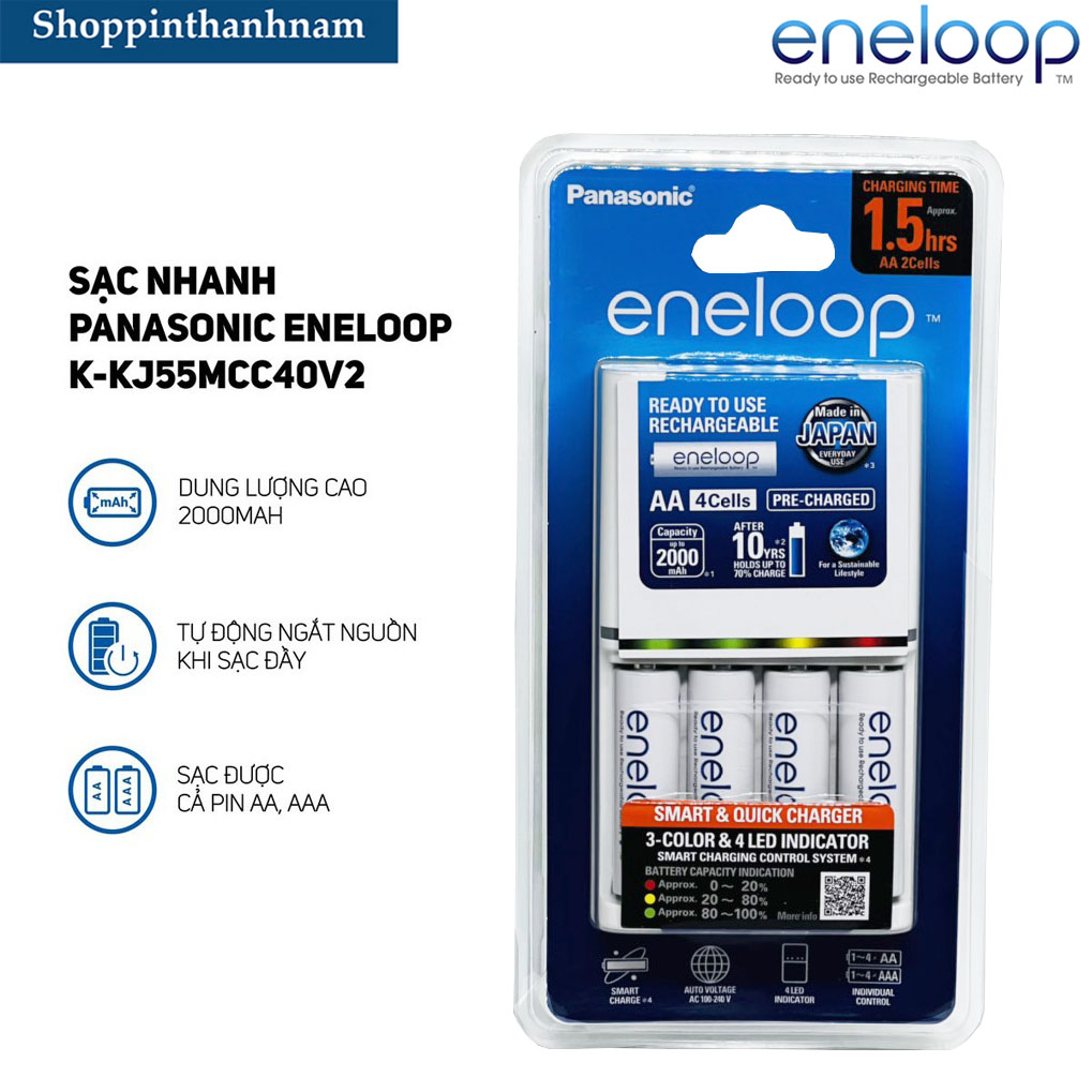 Bộ sạc pin eneloop panasonic bq-cc55 sạc nhanh tự ngắt tặng kèm 4 pin sạc 2000mah chính hãng