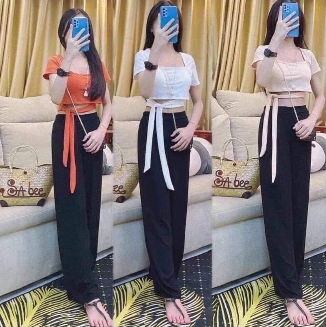 [Mẫu Hot] Sét Đồ Bộ Nữ Áo Thun Gân Tăm Xịn Sò Buộc Nơ & Quần Lụa Mịn Màng Thời Trang Kiểu Cách Đi Chơi, Đi Dự Tiệc D.ONE FASHION, Mẫu Free Size (40-55Kg) Mặc Vừa
