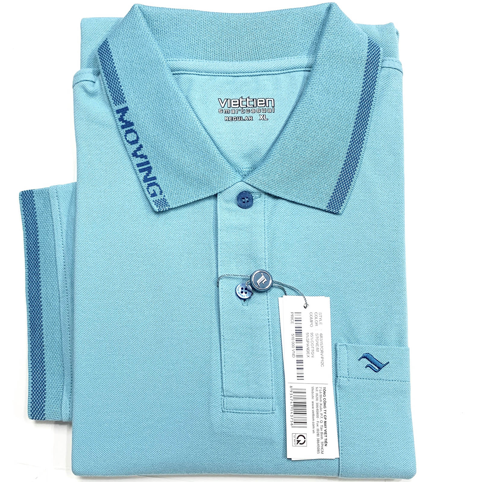 Viettien - Áo thun nam có cổ màu xanh ngọc 6R3157 regular