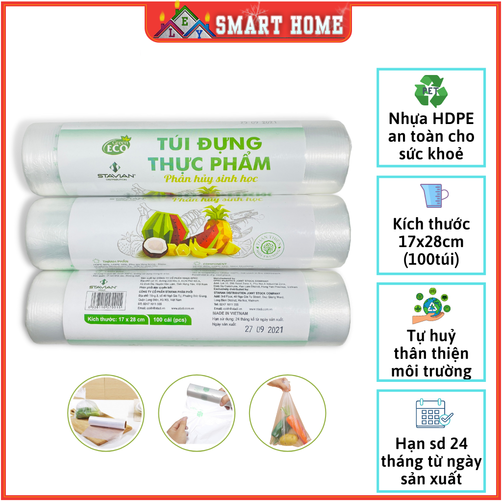 Túi đựng thực phẩm sinh học tự hủy eco green combo 03 kích thước 17*28cm