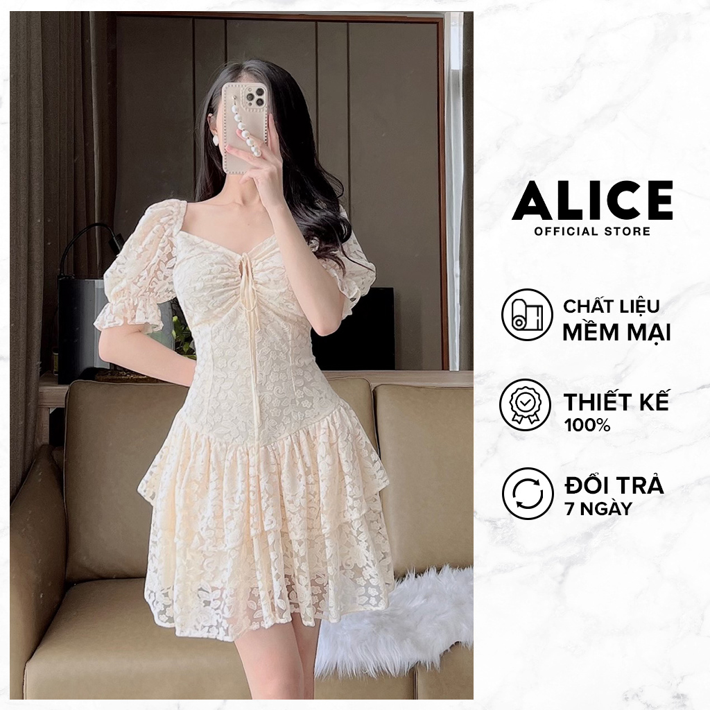 Váy ren cổ v tiểu thư alice chất vải ren lót lụa thiết kế dây rút ngực tay bồng xếp tầng chân váy v811