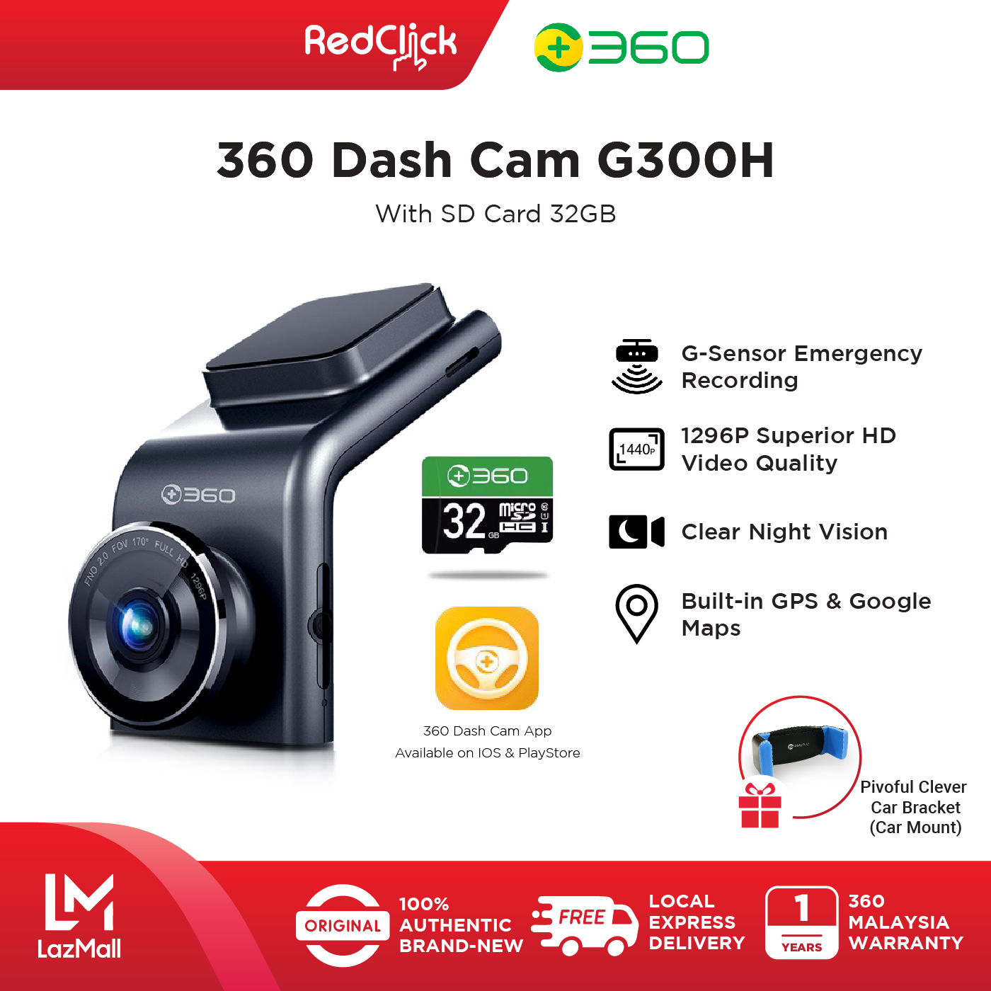 360 DASH CAM G300H 1296P(with SD card 32GB) SUPERIOR HD VIDEO QUALITY CLEAR NIGHT VISION + Free Gift