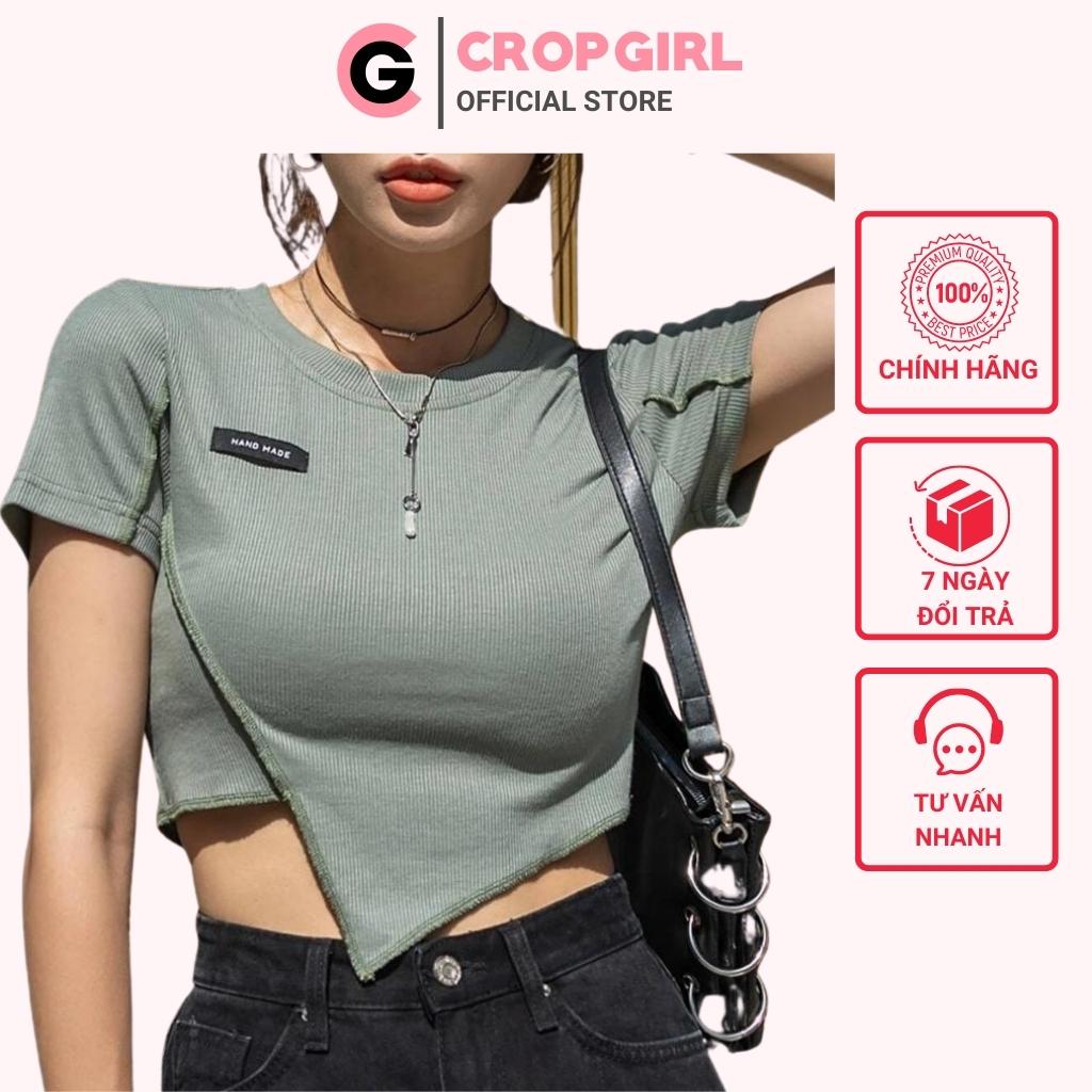 Áo croptop nữ ngắn tay bất đối xứng CROPGIRL- Áo kiểu nữ chất thun gân chéo tà tôn eo siêu xinh