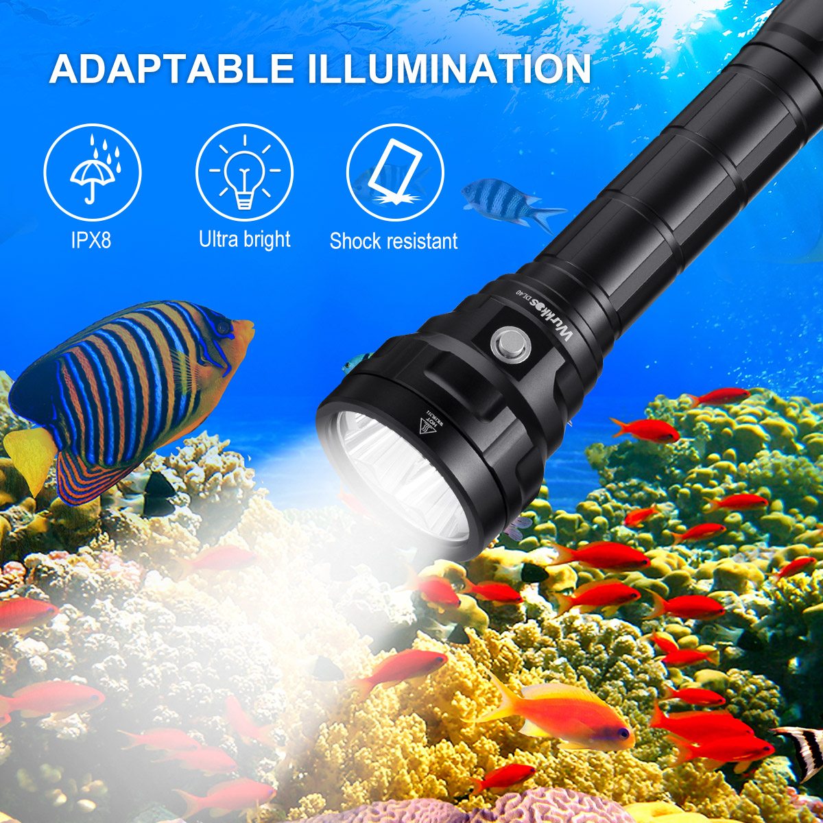 Wurkkos dl40 đèn lặn 5000lm mạnh mẽ đèn pin lặn sáng với 4 * lh351d 90cri đèn dưới nước 5000k