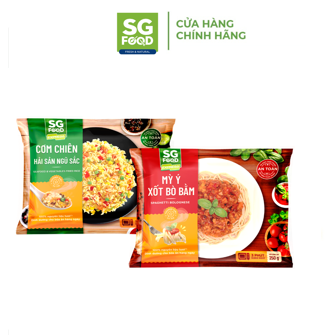 Combo bữa ăn tươi Sài Gòn Food 1 Mỳ Ý Xốt Bò Bằm SG Food 250G, 1 Cơm Chiên Hải Sản Ngũ Sắc 200G