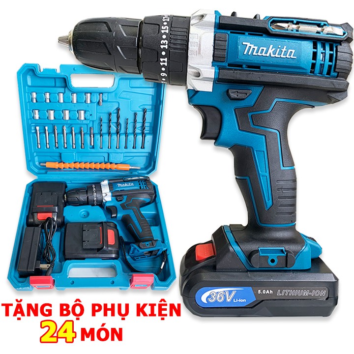 Máy khoan vặn vít chạy pin makita makita chính hãng pin makiata 36v - 2 loại - kèm phụ kiện - lõi đồng có đảo chiều - khoan, bắt vít - 2 pin chuẩn 5 cell bảo hành 12 tháng