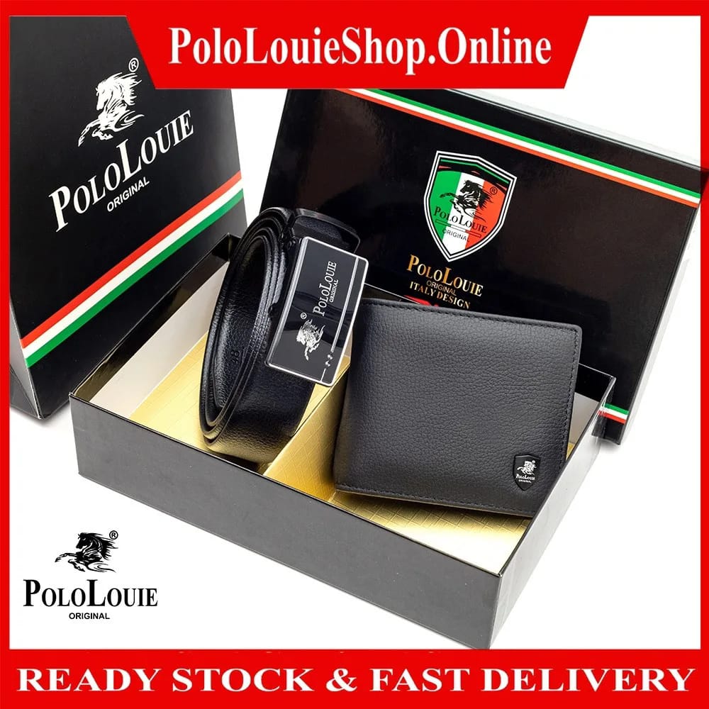 [Gift Box] Original Polo Louie Mens Elegant Gift Set Genuine Cow Leather Bifold Wallet Auto Gear Buckle Belt Gift Bag