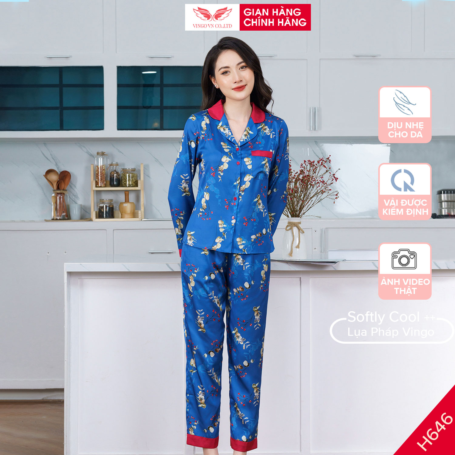 Pijama lụa đồ bộ ngủ nữ mặc nhà cao cấp mùa hè Vingo tay ngắn quần dài màu xanh trung niên H646 VNGO TDQD