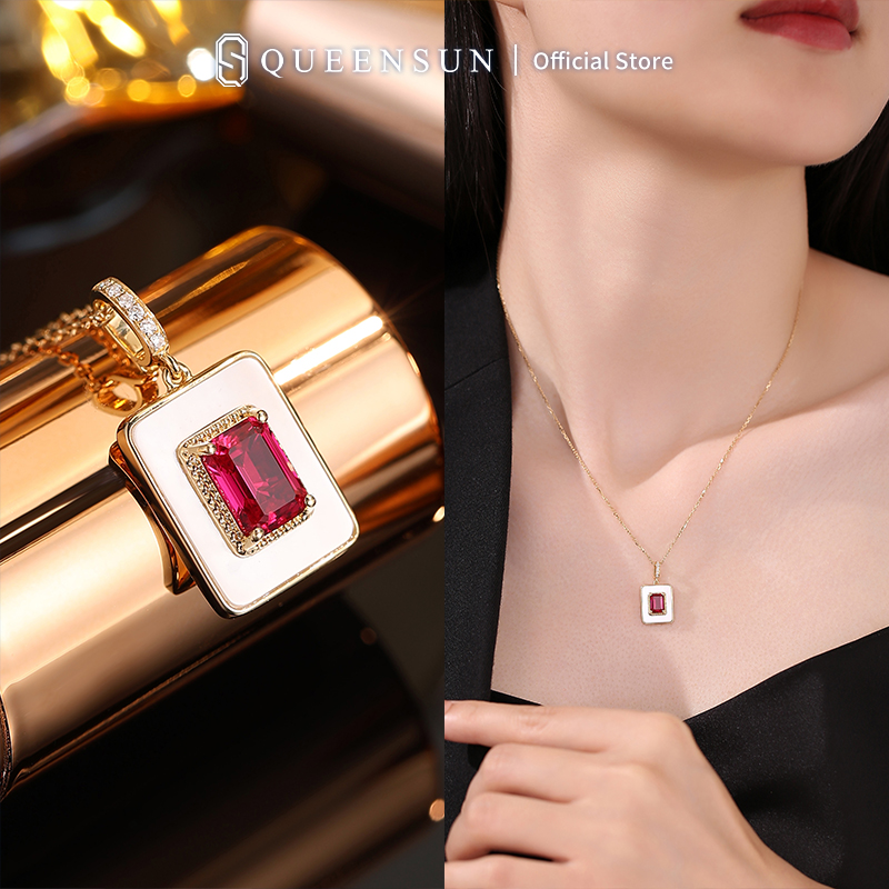  QUEENSUN Custom necklace 10k 14k 18k gold jewellery  Ruby True lab grown Diamond Pendant Necklace white gold chain Necklace for women