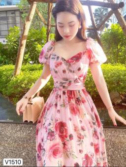 Đầm Xòe Họa Tiết Tay Phồng Xếp Ly Nhún Eo Thời Trang Nữ Đầm Nữ TDD