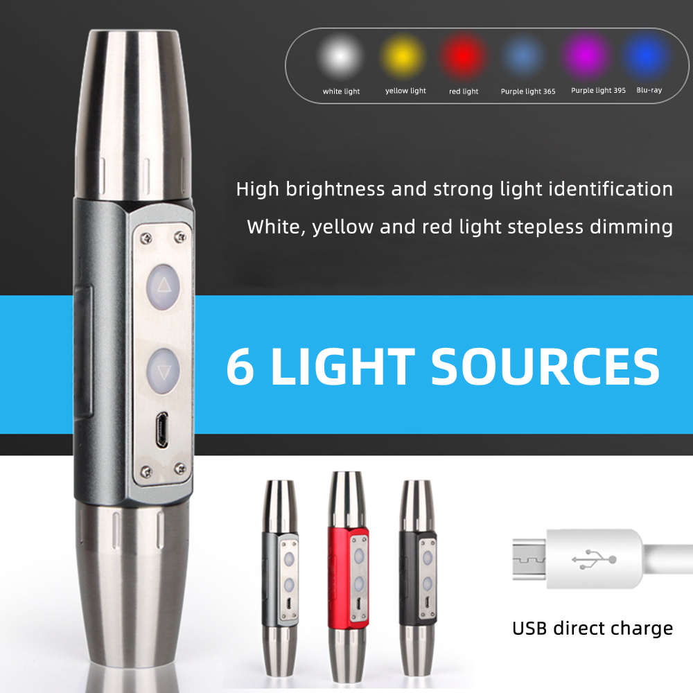 [Hàng Có Sẵn] Đèn Pin Sạc USB 6 Màu LED 6 Trong 1 Chính Hãng Bóng Đèn Màu Tím UV 395nm 365nm Ánh Sáng Trắng Vàng Đỏ Đèn Pin Cầm Tay Tia Cực Tím