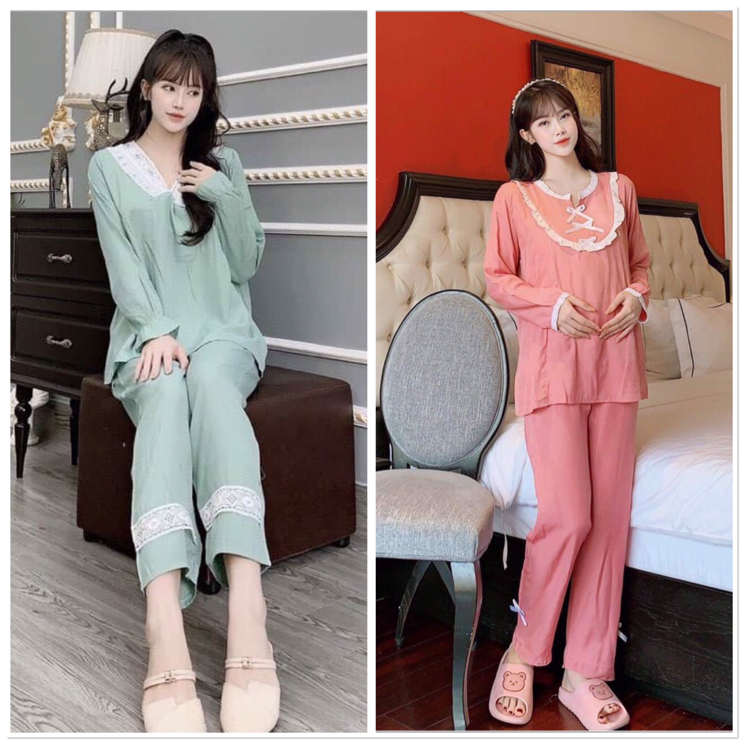 Bộ đồ bầu đẹp giá rẻ - bộ sau sinh chất đũi lụa thiết kế nơ xinh, có khóa cho bé ti tiện lợi b10