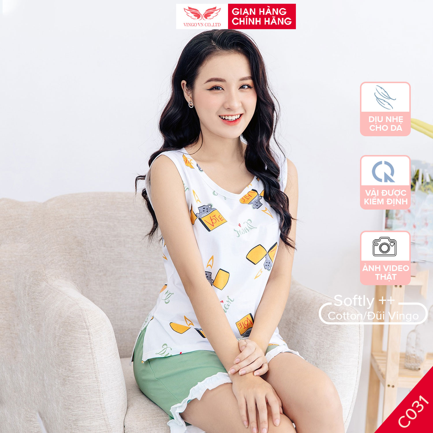 Đồ bộ nữ pijama mặc nhà cotton cao cấp mùa hè Vingo áo sát nách quần đùi viền ren hoạ tiết trẻ trung C031 VNGO TCQC