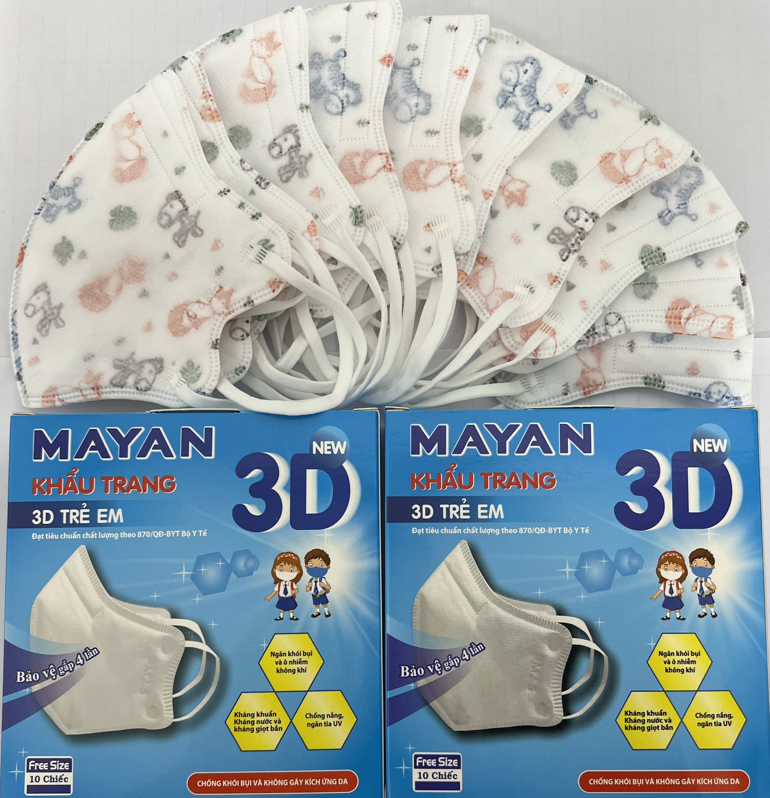 Khẩu trang cao cấp Trẻ em 3D Mask Kids Mayan Hộp 10 cái Họa tiết và Xanh Trẻ 3 - 12 tuổi