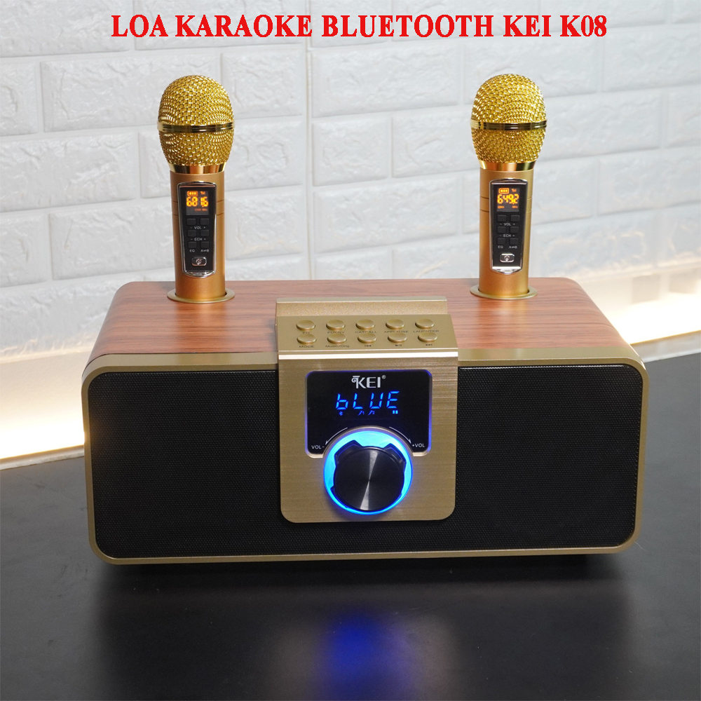 Loa Karaoke Bluetooth KEI K08 - Loa Karaoke Mini Công Suất Lớn - Tặng Kèm 2 Micro Không Dây Màn Hình LCD - Sạc Pin Ngay Trên Loa, Chỉnh Bass Treble Echo Trên Micro – Đầy Đủ Cổng Kết Nối USB, AUX, TF card