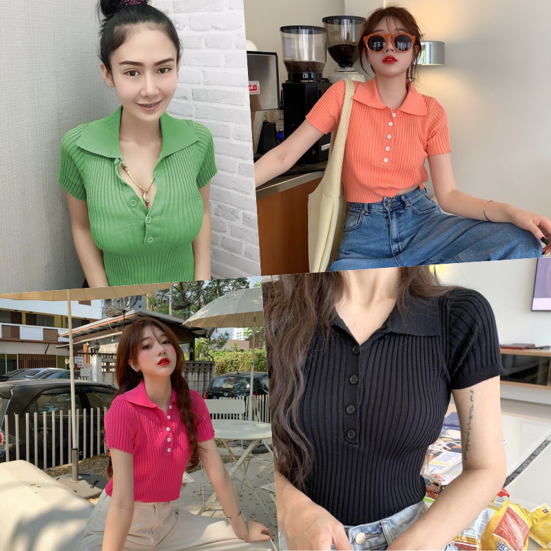 🌈SpinnyHouse🌈 เสื้อครอปเกาหลี เสื้อไหมพรมคอปก แต่งกระดุมหน้า กระดุม 5 เม็ด เสื้อครอป ผ้าเนื้อหนานิ่มๆ งานนำเข้า E101B ราคา 87 บาท*ส่งฟรี