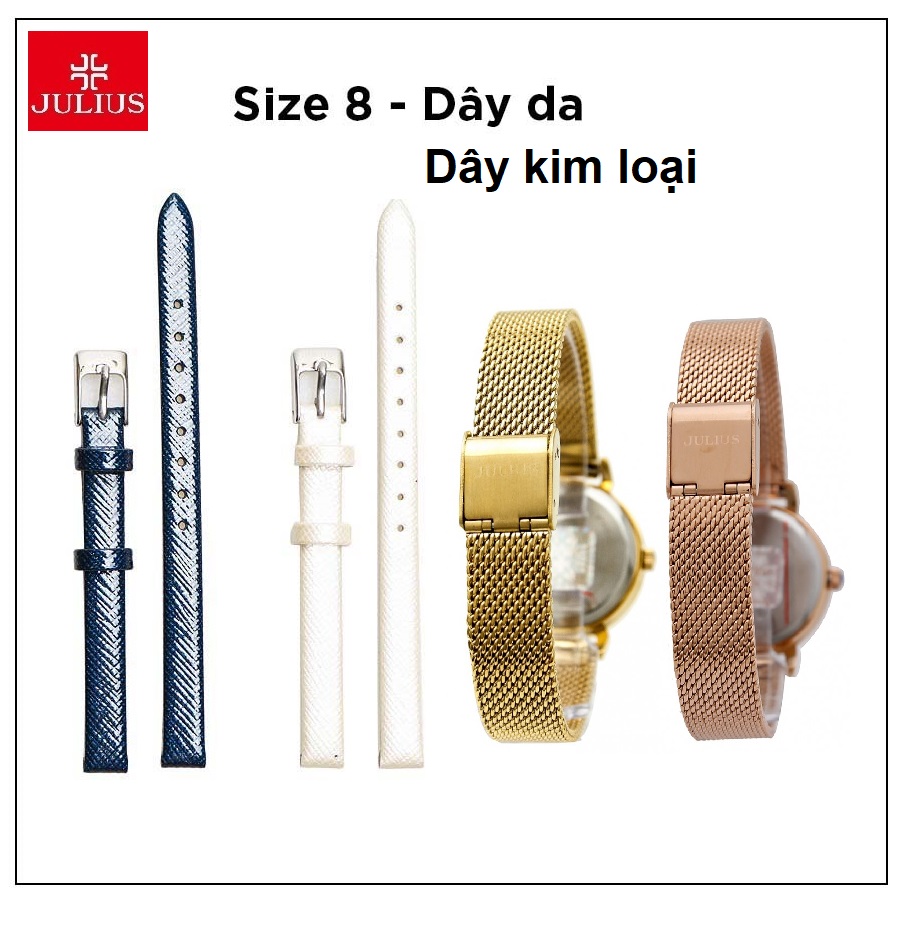 Dây đồng hồ nữ size 8, Dây da, dây kim loại Julius bền, chính hãng Julius, màu sắc đẹp, day dong ho nu da