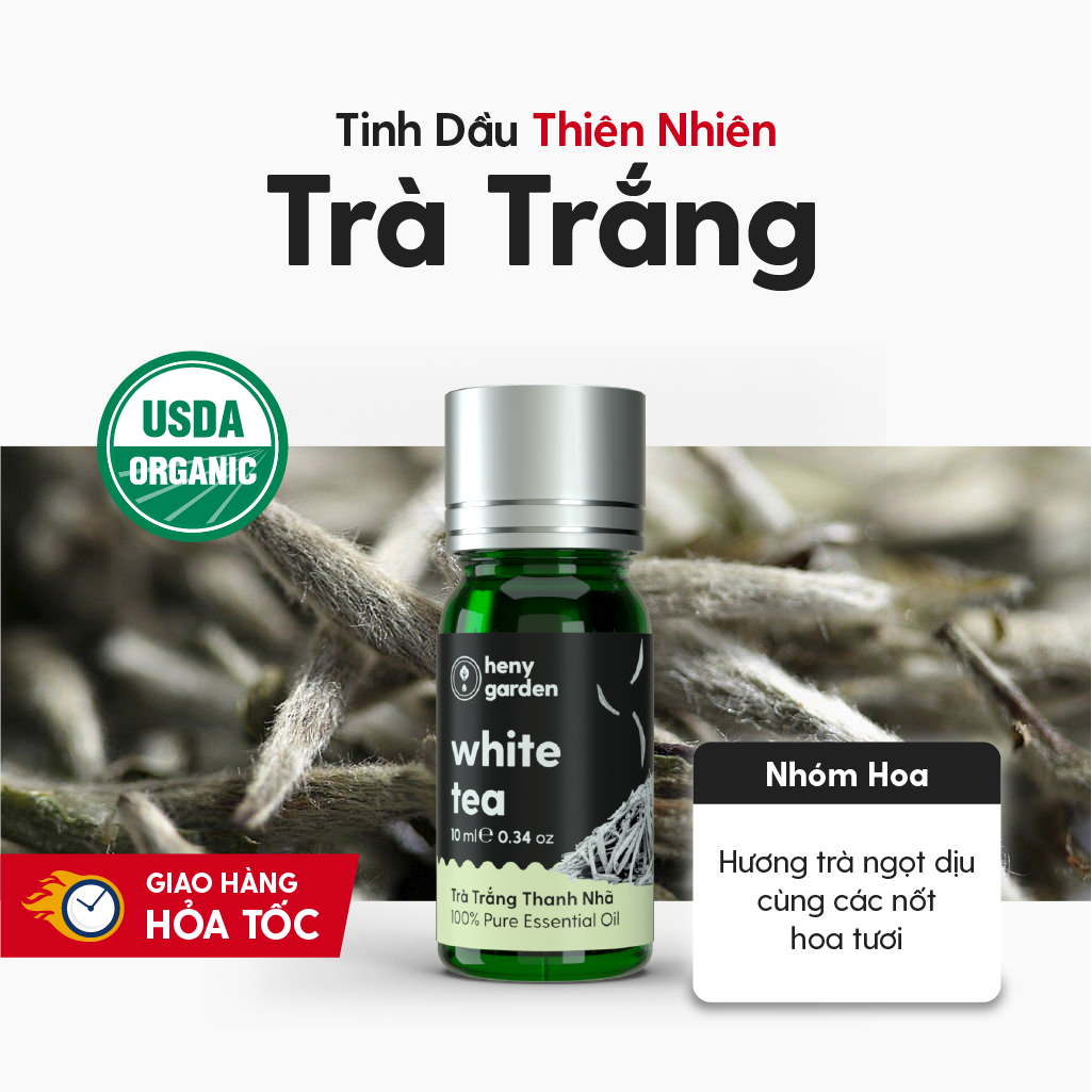 Tinh Dầu Thơm Phòng Trà Trắng Organic Thiên Nhiên Nguyên Chất Đậm Đặc HENY GARDEN Xông Thơm Phòng, Làm Nến Thơm Thư Giãn Giúp Dễ Ngủ 10mL