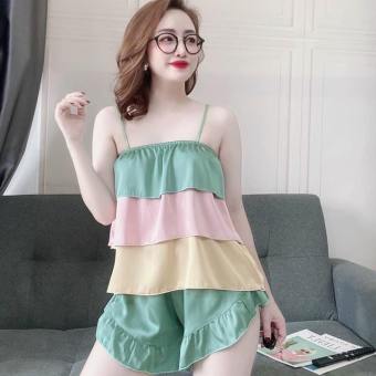 Set bộ đồ ngủ hai dây phi bóng ba tầng mặc nhà siêu dễ thương hình thật và video