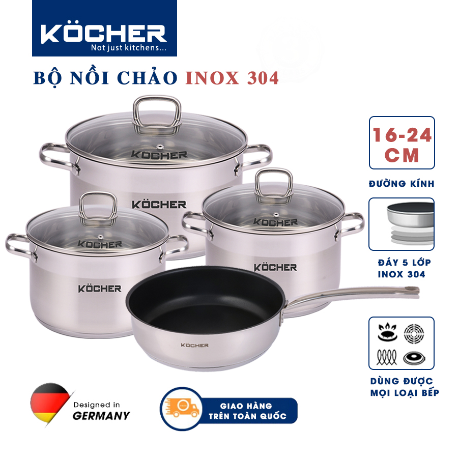 Bộ nồi chảo dùng cho bếp từ inox 304 5 đáy KOCHER size 16cm, 20cm, 24cm hàng cao cấp