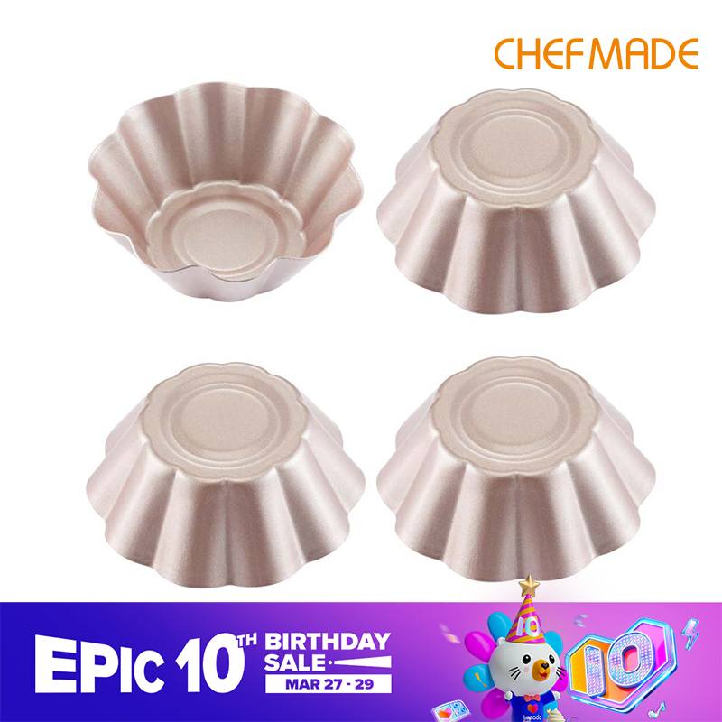 CHEFMADE Chảo Bánh Tart Chống Dính 3 Inch Khuôn Nướng, Khuôn Bánh Tart Trứng Lượn Sóng Khuôn Bánh Tart Bồ Đào Nha, 4 Cái WK9196