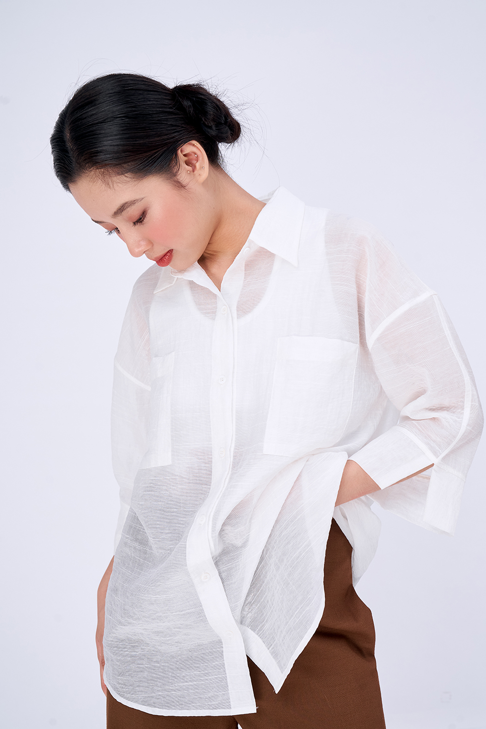 Dottie - áo sơmi vải organza tay ngắn nữ dottie trắng - t0448