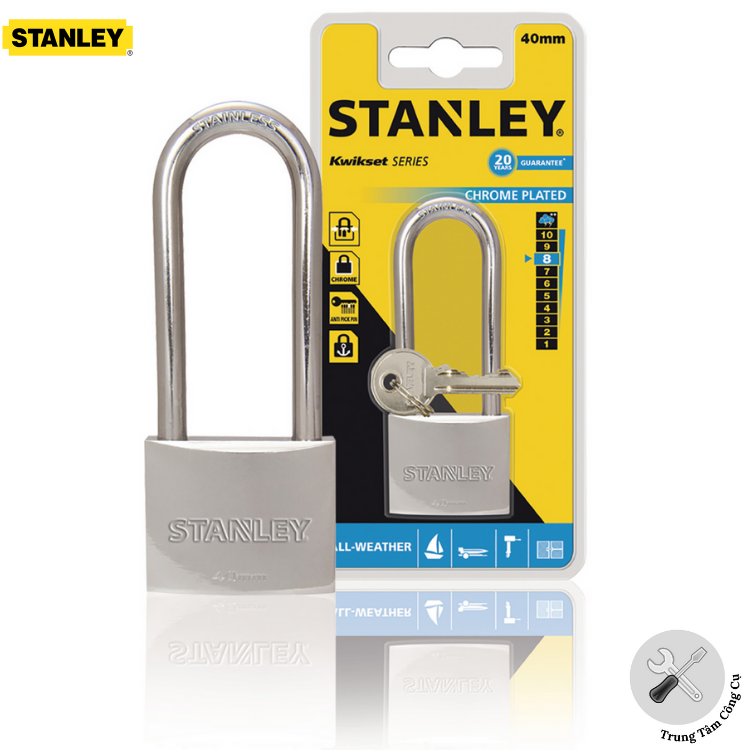 Ổ khóa 40mm Stanley S742-016 chất liệu thép mạ Chrome trắng, càng dài