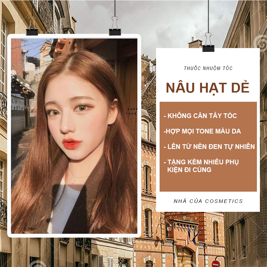 Thuốc nhuộm tóc NÂU HẠT DẺ không cần tẩy tại nhà tặng kèm trợ nhuộm oxy bao tay và mũ chùm ủ tóc