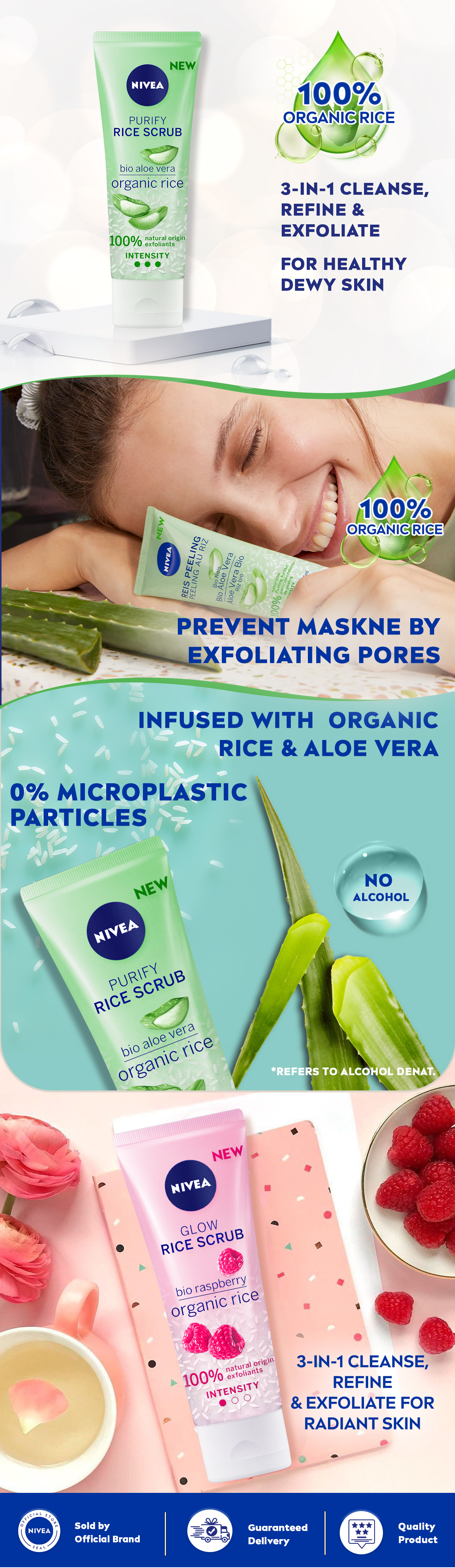 Nivea Face Care for Women Glow Rice Scrub Organic Rice Bio Aloe Vera 75ml /  Face Scrub / Natural Ingredients, Vegan, Aloe Vera, Combination Skin /  Exfoliating Face Wash, Face Exfoliator /
