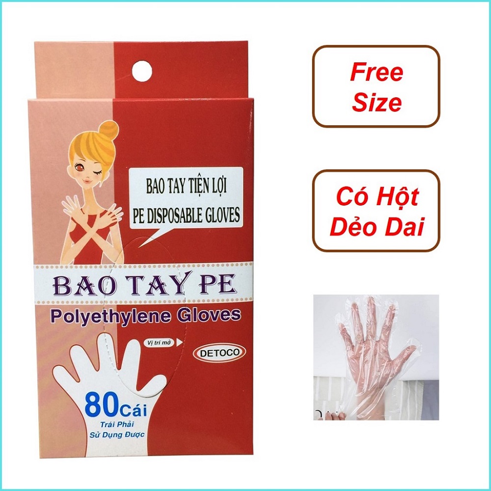 Găng tay thực phẩm Detoco, găng tay làm bếp, nấu ăn, rửa chén, nhựa PE màu đỏ, có hột bám chắc, dẻo dai khó rách, hộp 80 cái.