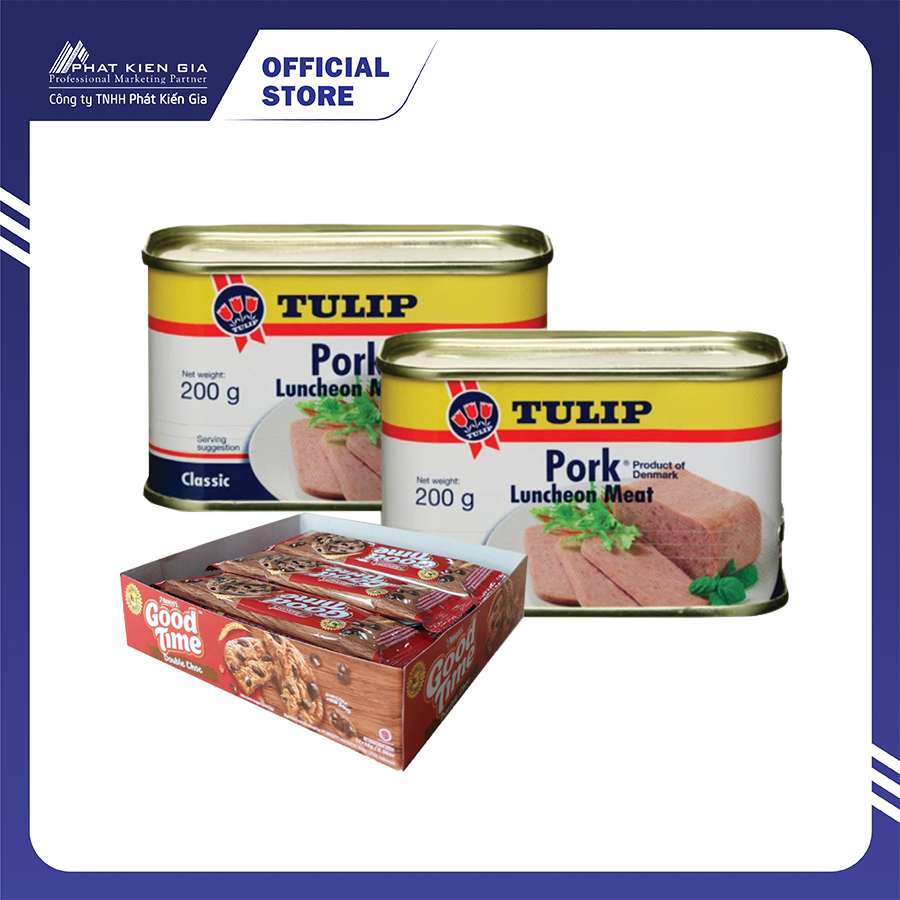 Combo 2 hộp thịt heo hộp tulip 200g + 1 hộp bánh quy socola arnott's goodtime 192g