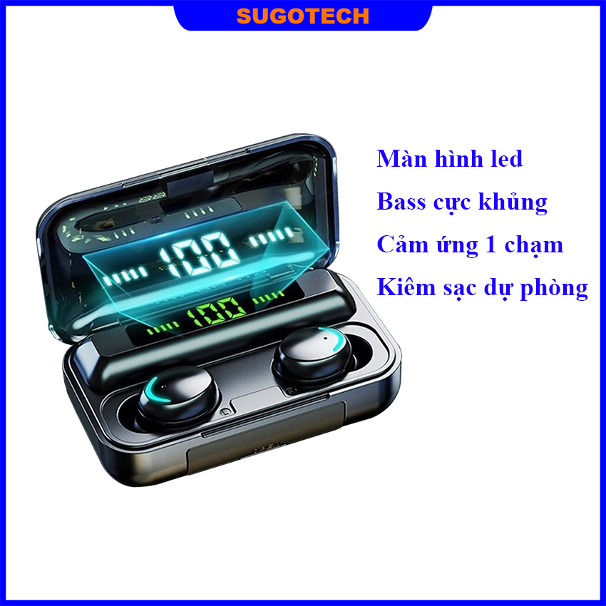 Tai nghe bluetooth F9 Pro True Wireless 5.0 vân tay đèn led, tai nghe không dây kiêm sạc dự phòng bản quốc tế chống nước
