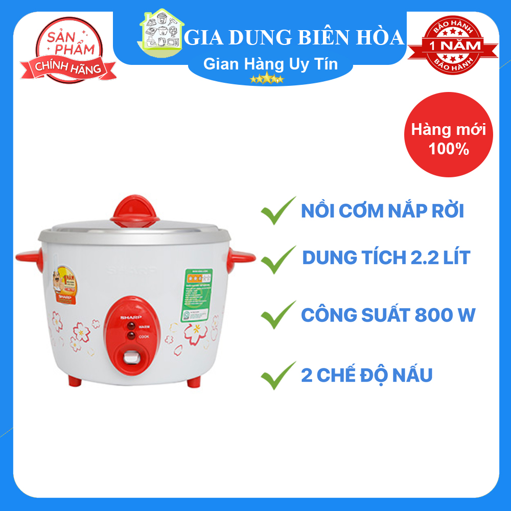 Nồi cơm điện Sharp 2.2 lít KSH-D22V-Số người ăn Trên 6 người Công suất:800W Lòng nồi dày:1.228mm-Nhôm không chống dính Điều khiển:Nút gạt