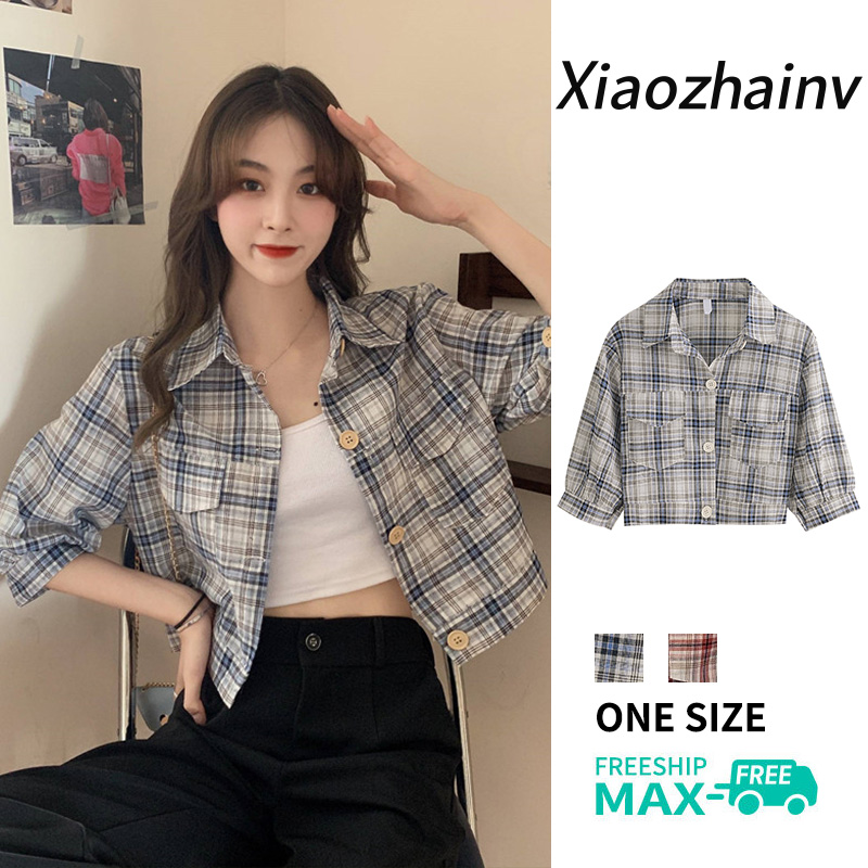 Xiaozhainv Áo Sơ Mi Ngắn Tay Kẻ Sọc Cổ Điển Phong Cách Hàn Quốc Áo Lửng Dáng Rộng Cho Nữ