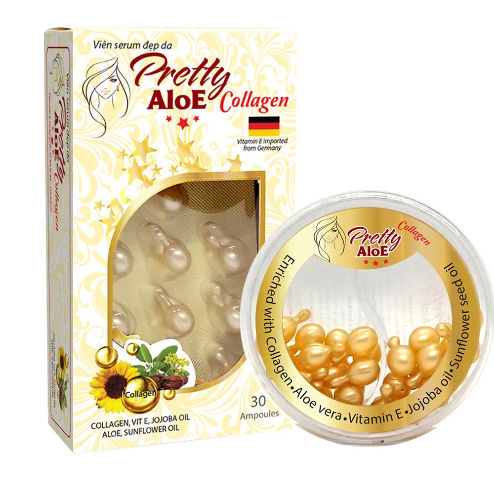 Viên bôi tái tạo da Pretty Aloe Collagen. Dưỡng da, giảm thâm nám, tàn nhang, mụn trứng cá, da khô, nứt nẻ Collagen, vitamin E