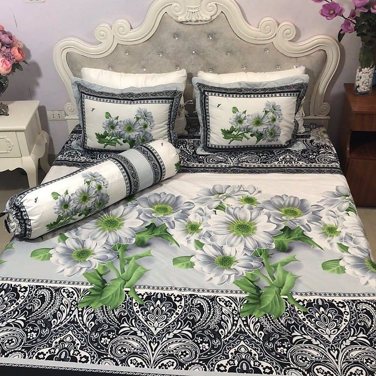Bộ 4 món ga vỏ gối cotton poly hoa đá 3d